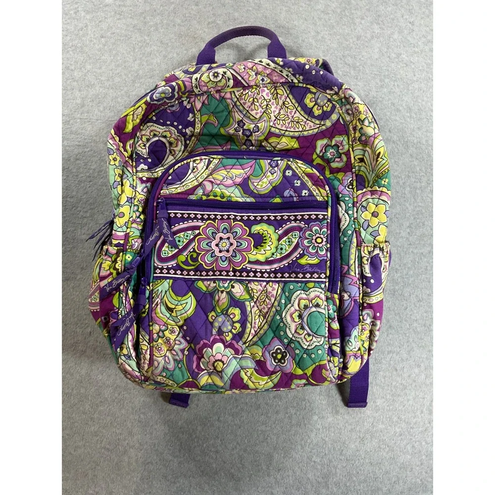 Vera Bradley Quilted Cotton Backpack Purple Green Paisley Floral Laptop Bag